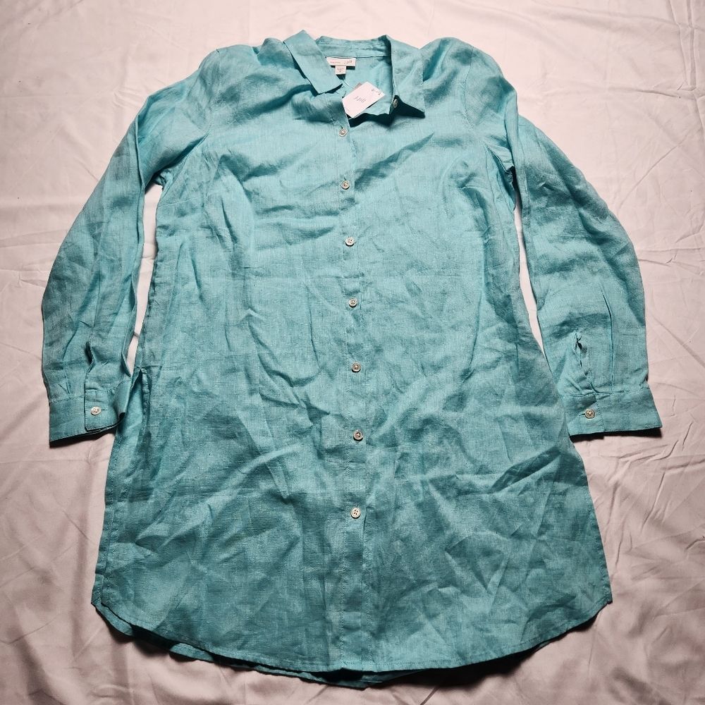 NWT J Jill Womens Medium Love Linen Button Down Tunic Caribean Blue